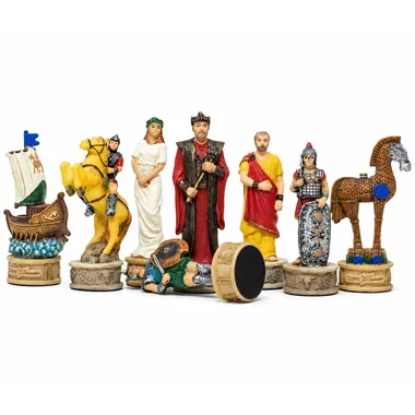 Battle of Troy pieces: camel-mounted knight, king and detailed warriors