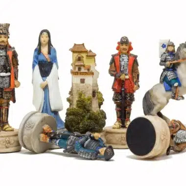 Alternative view of Samurai Resin Hand-Painted Chess Set with Golden and Blue Faux Leather Chess Board