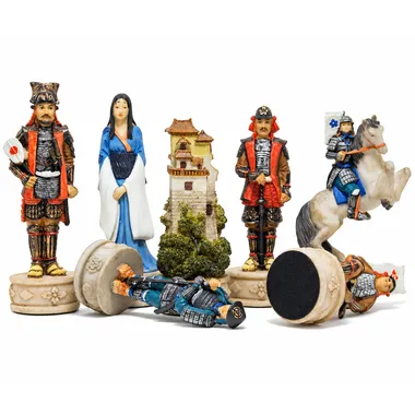 Samurai resin chess pieces: detailed king, queen, rook, bishop and knight