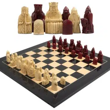 Large Isle of Lewis Chess Set in Red and Cream Resin & Lacquered Wooden Chess Board