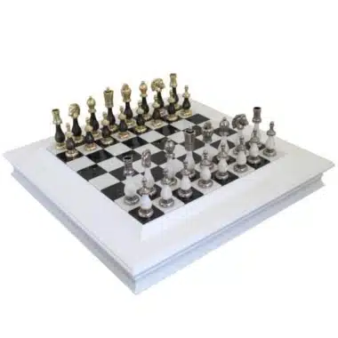 Large Black and White Wood and Metal Chess Set & Marble and Lacquered Wood Chess Board with Storage