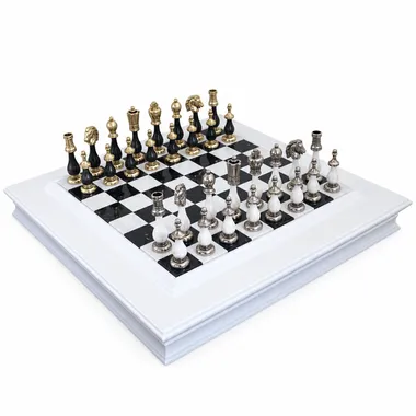 Complete chess set in black and white wood and metal on a white lacquered box