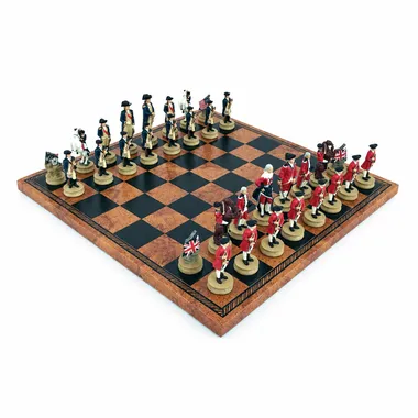 Complete American Revolution chess set on faux leather chess board