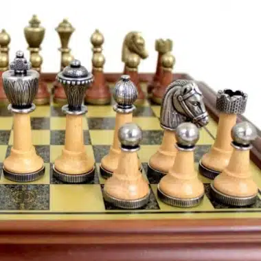 Alternative view of Wooden-Framed Chess Board with Brass-Effect Playing Surface & Staunton Chess Set in Metal and Wood