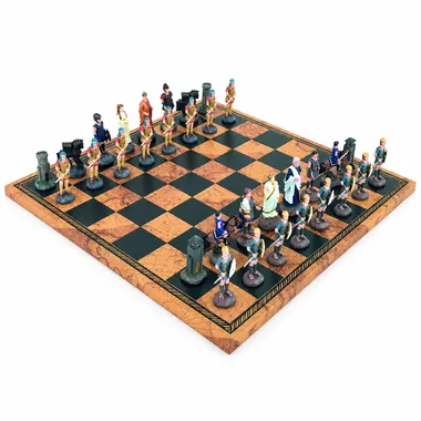 Greek Mythology pewter chess set arranged on the faux leather chess board