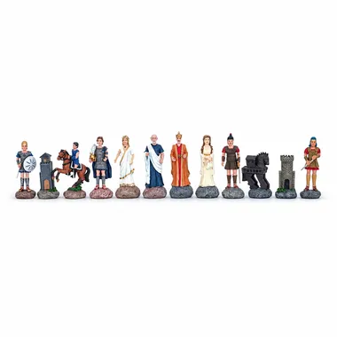 Greek Mythology pewter chess pieces lined up showing all the characters