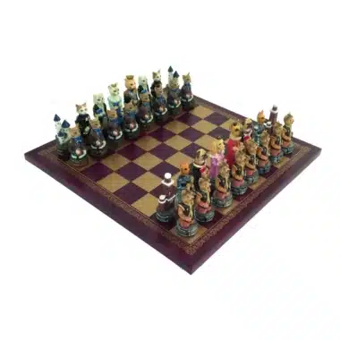 Cats and Dogs Resin Chess Set with Burgundy and Gold Faux Leather Chess Board