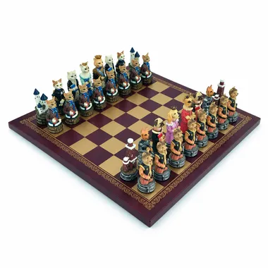 Dogs and cats resin chess set on burgundy and gold faux leather chess board