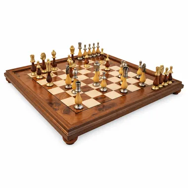 Complete Grand Oriental chess set on a burr wood and elm chess board