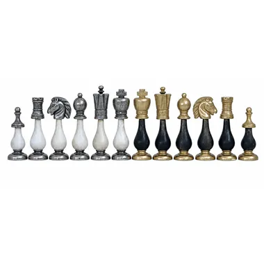 Comparison of kings in white, silver, black and gold metal side by side