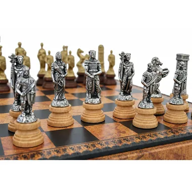 Romans and Barbarians metal chess pieces, close-up on the board