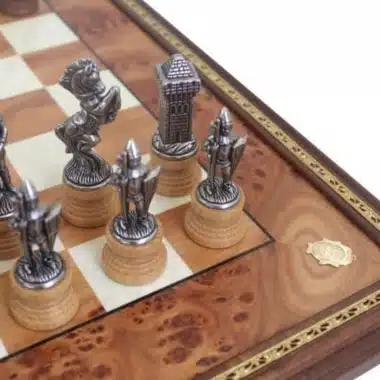 Alternative view of Mary Stuart Chess Set - Chess Board on Stand in Elm and Heather Wood & Metal and Wood Chess Pieces