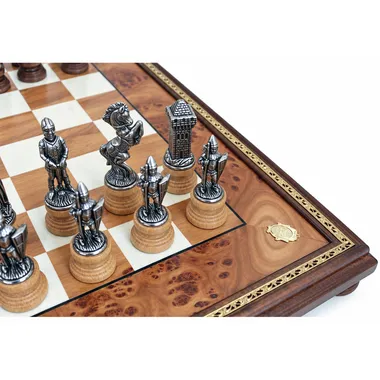 Mary Stuart metal chess pieces, close-up of knight and rook on the board