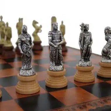Alternative view of Romans vs Barbarian Chess Set - Chess Board, Draughts and Backgammon in Brown/Black Faux Leather with Storage Compartment & Metal and Wood Chess Pieces