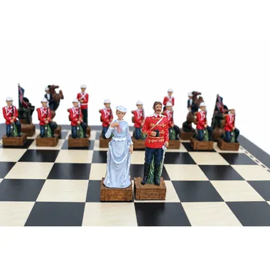 Detail of the queen and British officer pieces facing the Zulu pieces