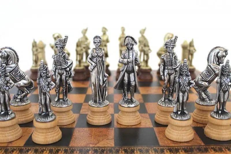Napoleon Wood and Metal Chess Set with Old World Map Faux Leather Chess Board - Image 3