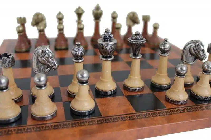 Metal and Wood Staunton Chess Set with Brown Faux Leather Chess Board - Image 3