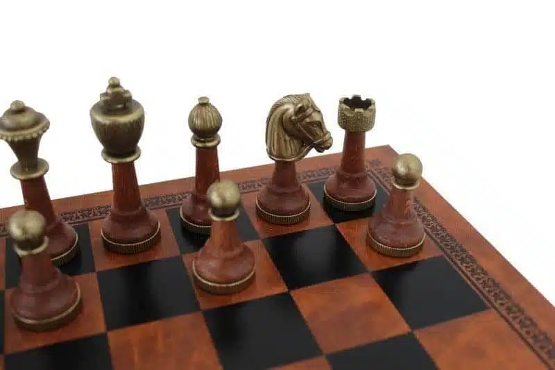 Metal and Wood Staunton Chess Set with Brown Faux Leather Chess Board - Image 2
