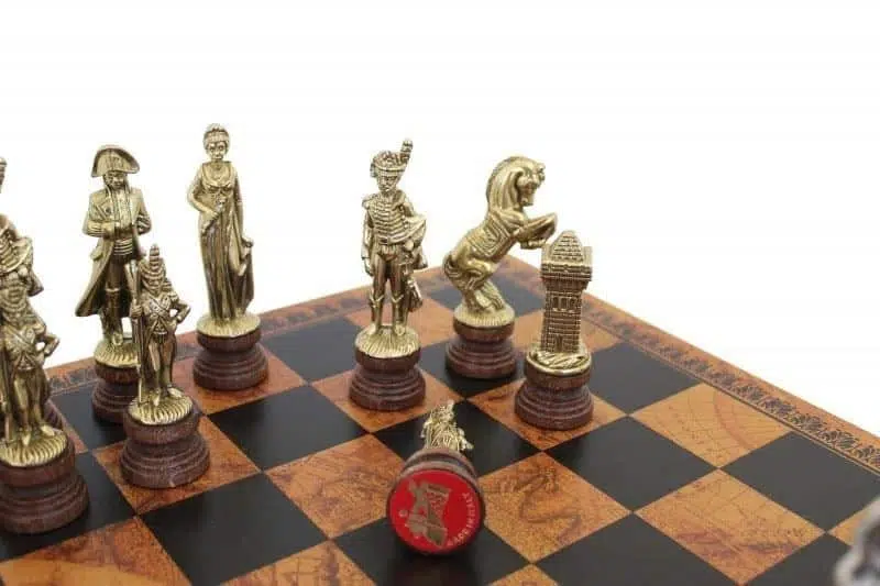 Napoleon Wood and Metal Chess Set with Old World Map Faux Leather Chess Board - Image 2
