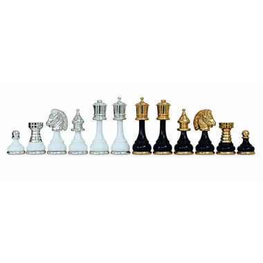 Silver and gold-plated kings and queens, close-up of the chess pieces