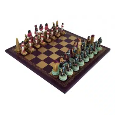 Romans vs Egyptians Resin Chess Set & Burgundy Faux Leather Chess Board