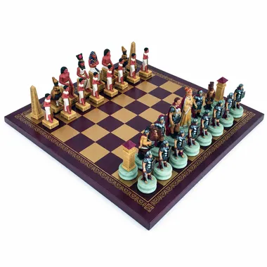 Romans vs Egyptians resin chess set on a burgundy faux leather chess board