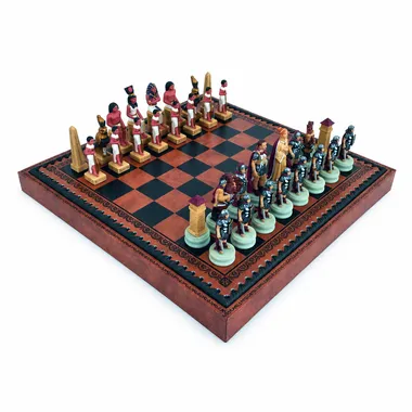 Romans VS Egyptians resin chess set on faux leather chess board