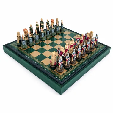 Romans vs Gladiators chess set arranged on the green faux leather chess board