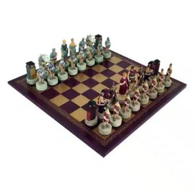 Rome's Conquest of Greece Resin Chess Set & Burgundy and Gold Faux Leather Chess Board