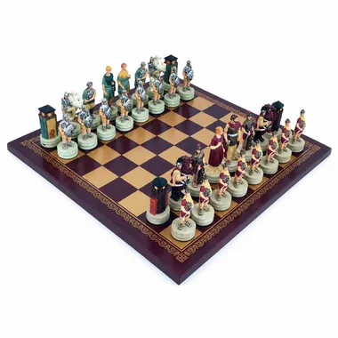 Conquest of Greece by Rome chess set arranged on burgundy and gold faux leather chessboard