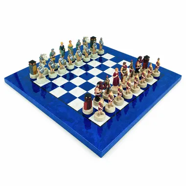 Romans VS Greeks chess set displayed on blue and white briarwood chess board