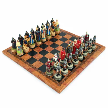 Mongol Domination over Russia chess set, full view on the faux leather chess board