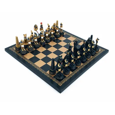 Complete Ancient Egypt chess set with resin pieces on black and gold board