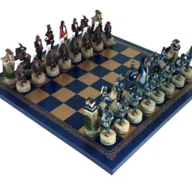 Samurai Resin Hand-Painted Chess Set with Golden and Blue Faux Leather Chess Board