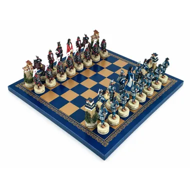 Samurai chess set in hand-painted resin on gold and blue faux leather board