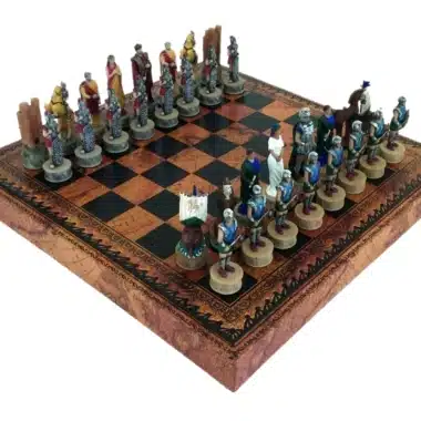 Battle of Troy Resin Chess Set & Faux Leather Chess Board with Storage Compartment