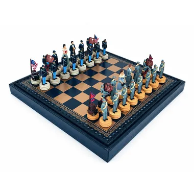 American Civil War resin chess set on black faux leather chess board