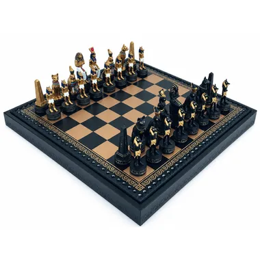 Ancient Egypt chess set complete on black and gold faux leather chess board