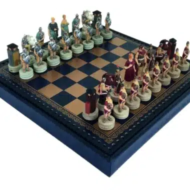 Romans vs Greeks Chess Set in Resin with Golden and Blue Faux Leather Chess Board and Storage Compartment