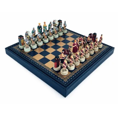 Romans vs Greeks resin chess set on a gold and blue chessboard