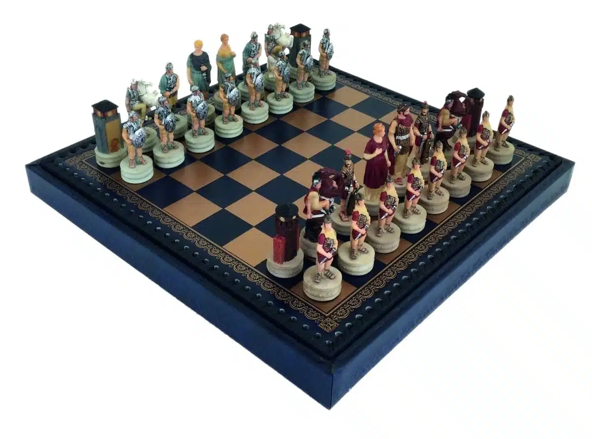 Romans vs Greeks Chess Set in Resin with Golden and Blue Faux Leather Chess Board and Storage Compartment