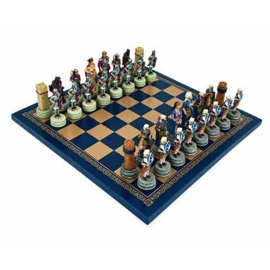 Arab-Byzantine Wars chess set complete on gold and blue faux-leather chess board