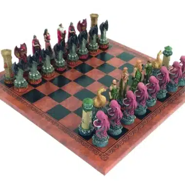 Fantasy Water vs Fire Resin Chess Set with Brown and Black Faux Leather Chess Board