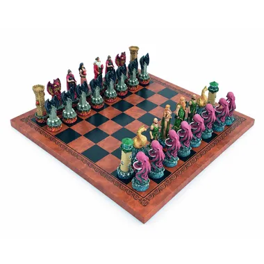 Fantasy Water vs Fire chess set arranged on brown and black faux leather board