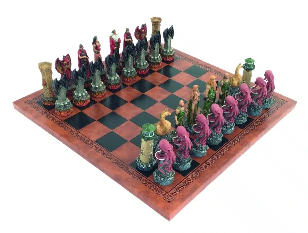 Fantasy Water vs Fire Resin Chess Set with Brown and Black Faux Leather Chess Board