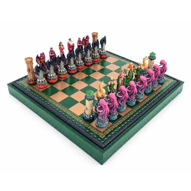 Fantasy Water VS Fire resin chess set on green and gold chessboard