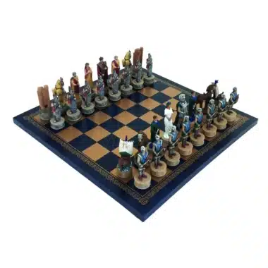 Greek Mythology Resin Chess Set: The Battle of Troy with Golden and Blue Faux Leather Chess Board