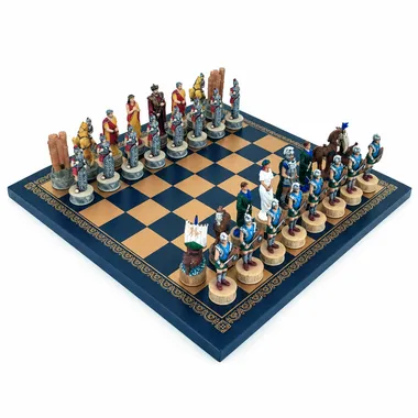 Complete chess set depicting the Battle of Troy, blue and gold board