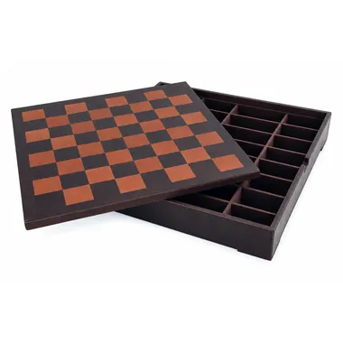 Open storage box showing the leather chess board and compartments