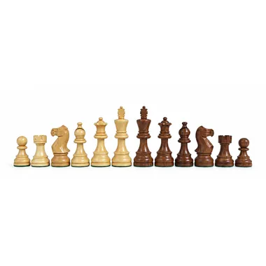 Acacia wood chess pieces, kings, queens and bishops facing each other